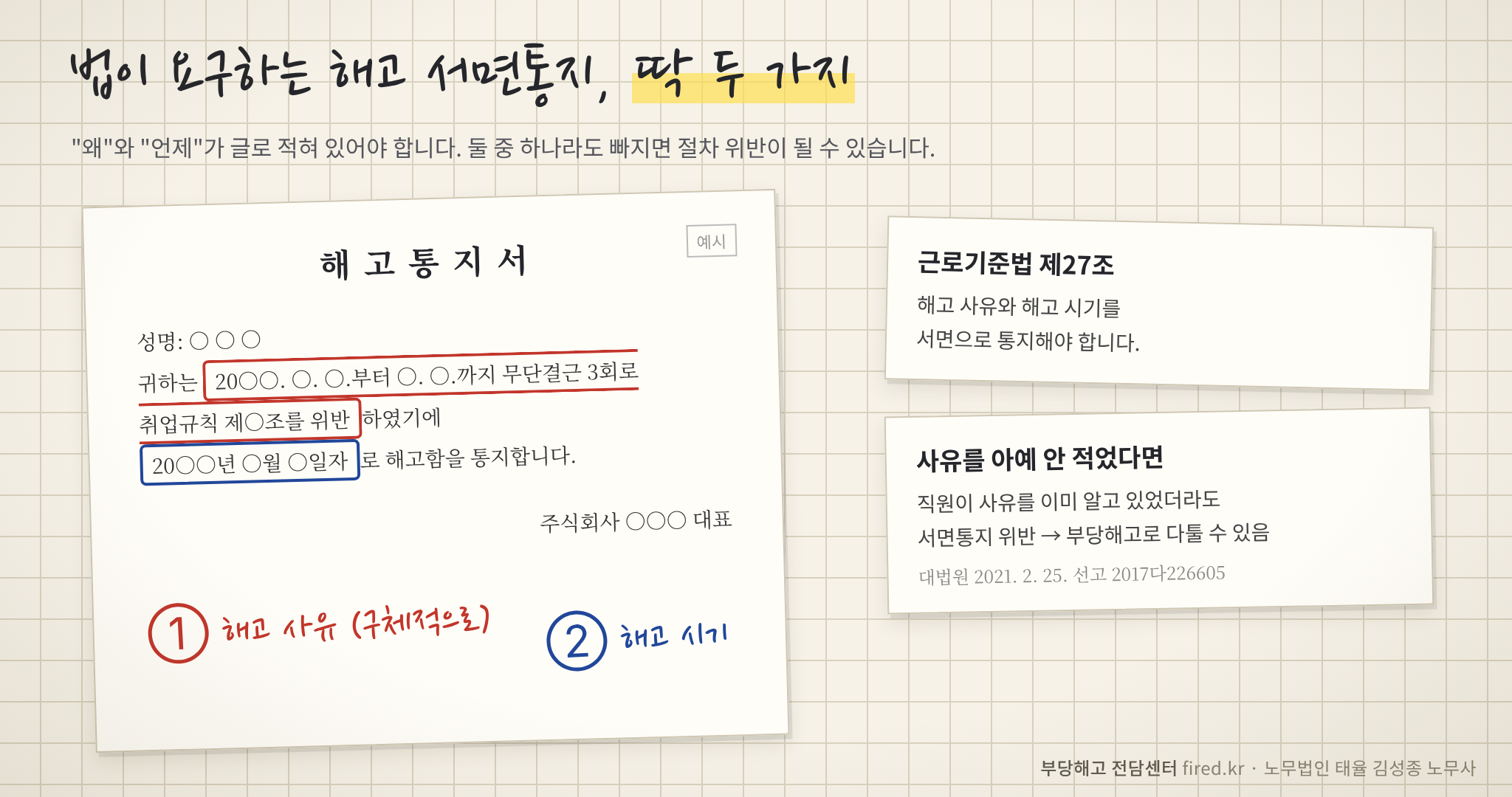 해고 서면통지 필수 기재사항 해고 사유와 해고 시기 근로기준법 제27조